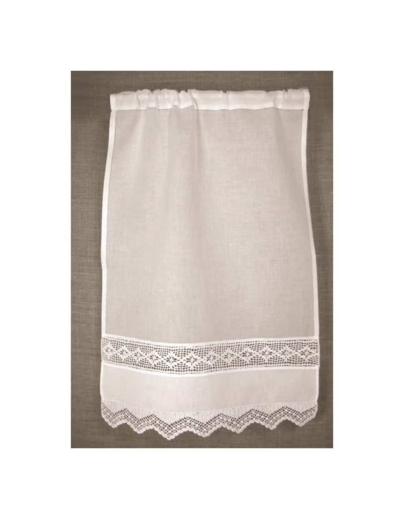 Rideau Brise-bise Brodé Main, Bord Au Crochet - Blanc, 45x60 Cm, Fait Main En France - Neuf
