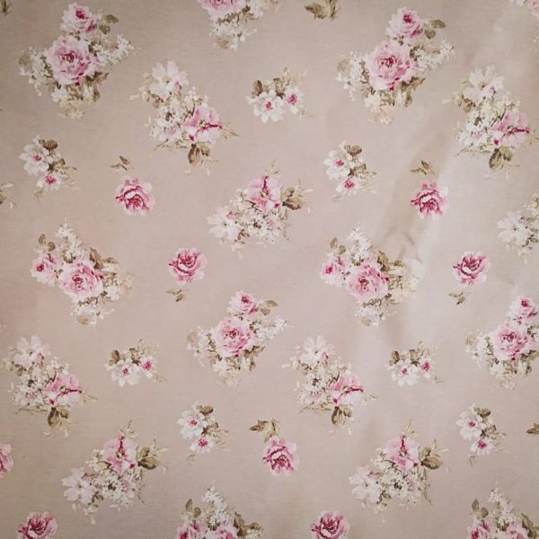 Tissu shabby détail motif roses petites fleurs fond beige/lin largeur 280 cm